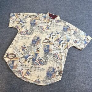 Tommy Hilfiger Shirt Mens Large Beige Aloha Travel Print Short Sleeve Cotton